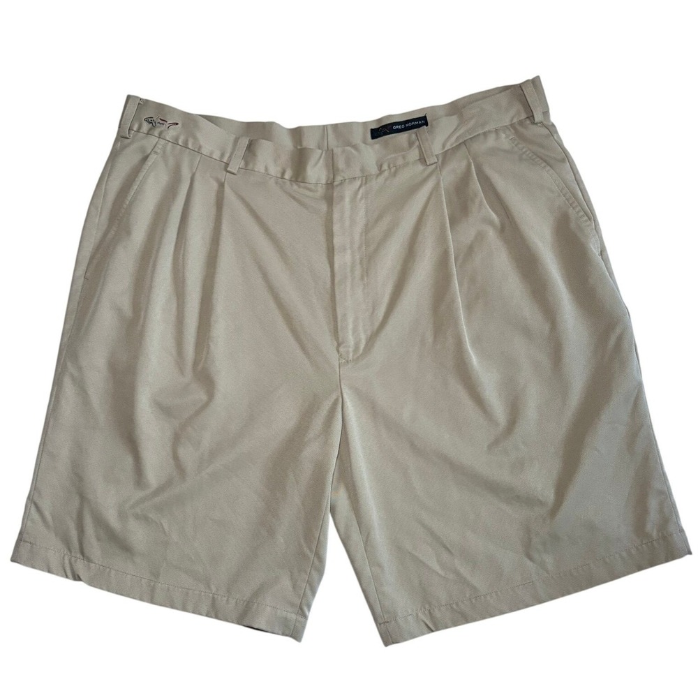 Greg Norman Golf Shorts Mens 40 Tan Pleated Microfiber Shark Logo
